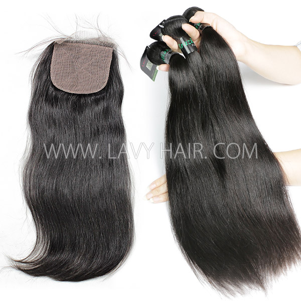 Regular Grade mix 3 bundles with silk base closure 4*4" Brazilian Straight Virgin Human hair extensions