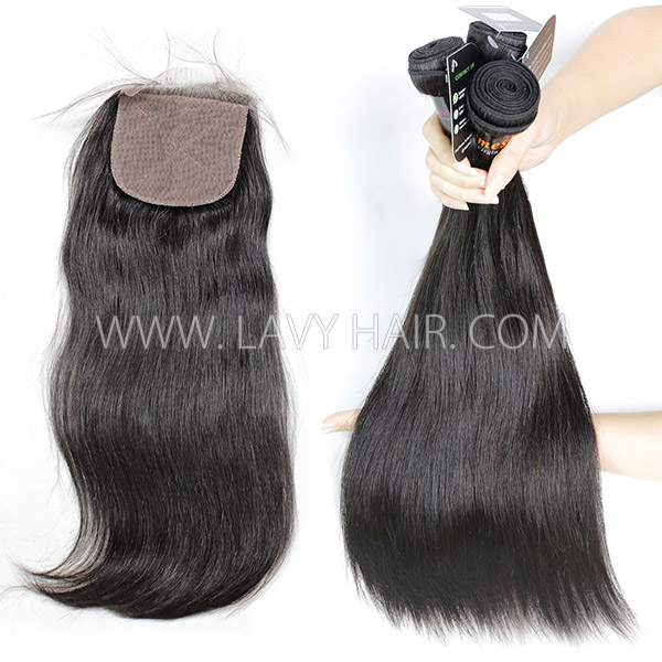 Regular Grade mix 3 bundles with silk base closure 4*4" Burmese Straight Virgin Human hair extensions