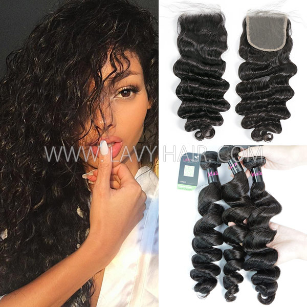 Regular Grade mix 3 bundles with lace closure Malaysian Loose Wave Virgin Human hair extensions