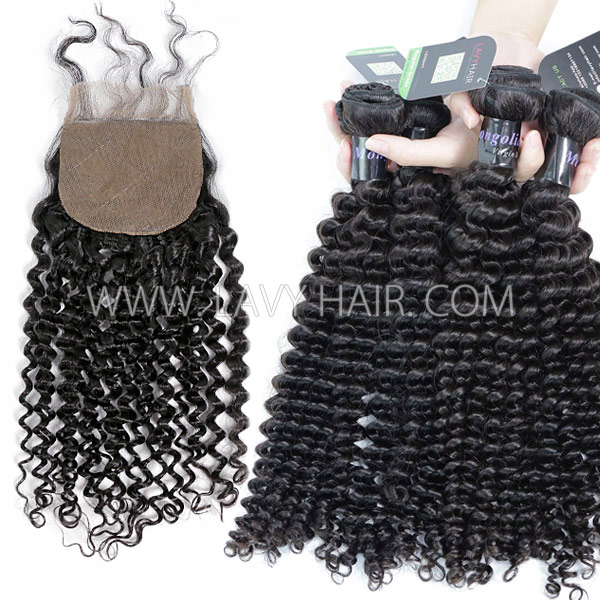 Regular Grade mix 3 bundles with silk base closure 4*4" Mongolian Deep Curly Virgin Human hair extensions