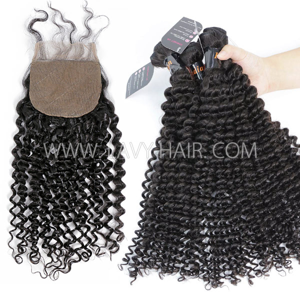 Superior Grade mix 3 bundles with silk base closure 4*4" Indian Deep Curly Virgin Human hair extensions