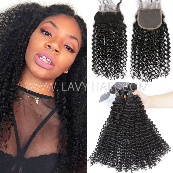 Superior Grade mix 3 bundles with lace closure Indian Deep Curly Virgin Human hair extensions