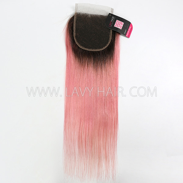 #1B/Pink Color Lace top closure 4*4" Straight and Body Wave  Human hair medium brown Swiss lace