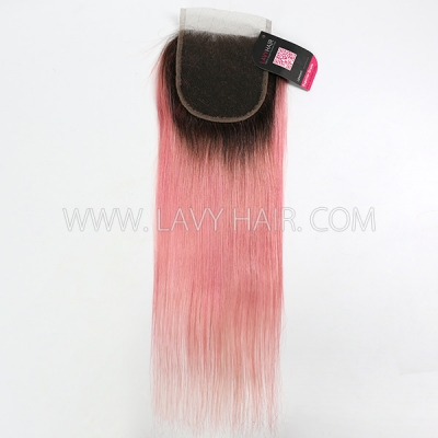 #1B/Pink Color Lace top closure 4*4" Straight and Body Wave  Human hair medium brown Swiss lace