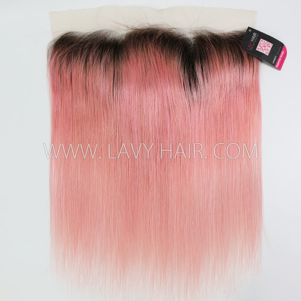 # 1B/Pink Ear to ear 13*4 Lace Frontal Straight Human hair medium brown Swiss lace