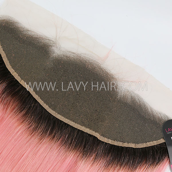 # 1B/Pink Ear to ear 13*4 Lace Frontal Straight Human hair medium brown Swiss lace