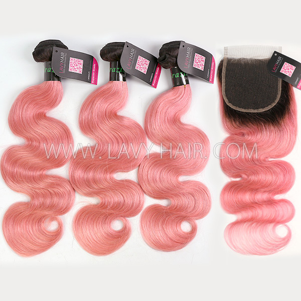 #1B/Pink Superior Grade 3 Bundles With Lace Closure Straight&Body Wave Brazilian Peruvian Malaysian Indian European Cambodian Burmese Mongolian