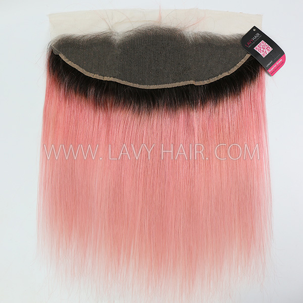 # 1B/Pink Ear to ear 13*4 Lace Frontal Straight Human hair medium brown Swiss lace