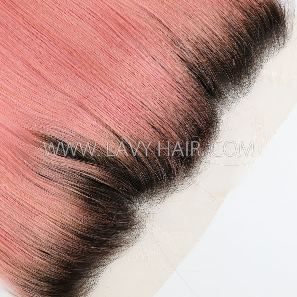 # 1B/Pink Ear to ear 13*4 Lace Frontal Straight Human hair medium brown Swiss lace