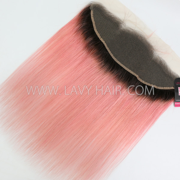 # 1B/Pink Ear to ear 13*4 Lace Frontal Straight Human hair medium brown Swiss lace