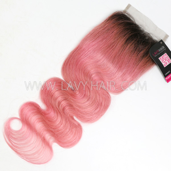 Lace top closure 4*4" body wave #1B/Pink Human hair medium brown Swiss lace