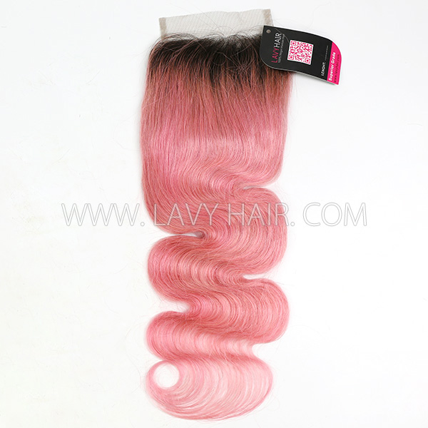 Lace top closure 4*4" body wave #1B/Pink Human hair medium brown Swiss lace