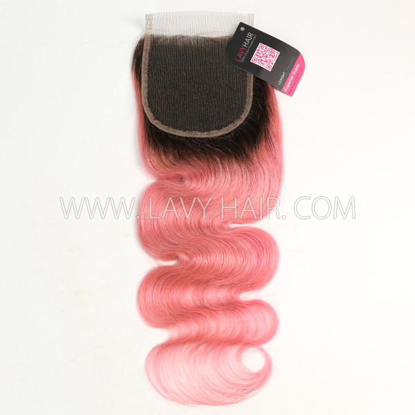 Lace top closure 4*4" body wave #1B/Pink Human hair medium brown Swiss lace
