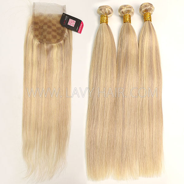 Color p18/613 Straight Hair Human Virgin Hair 2/3 Bundles With Lace Closure 4*4