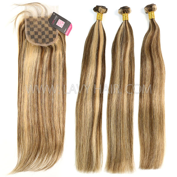 Color p4/27 Straight Hair Human Virgin Hair 2/3 Bundles With Lace Closure 4*4