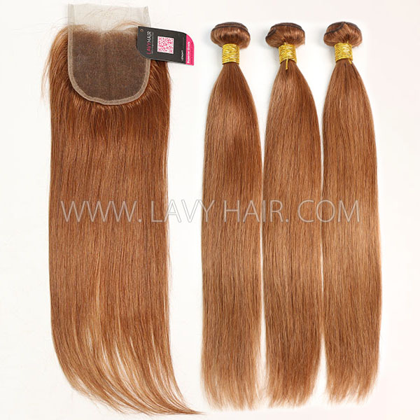 Color 30 Straight Hair Human Virgin Hair 2/3 Bundles With Lace Closure 4*4