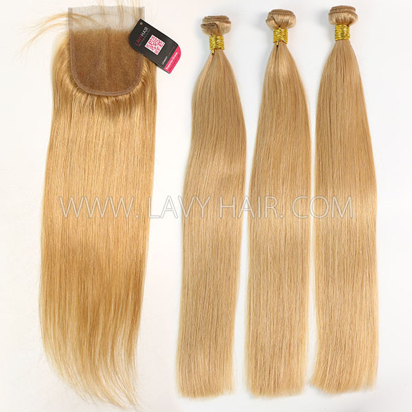 Color 520 Straight Hair Human Virgin Hair 2/3 Bundles With Lace Closure 4*4