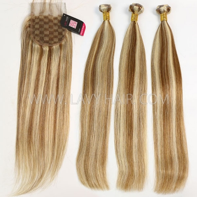 Color p8/613 Straight Hair Human Virgin Hair 2/3 Bundles With Lace Closure 4*4