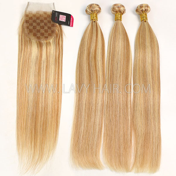 Color p10/24 Straight Hair Human Virgin Hair 2/3 Bundles With Lace Closure 4*4