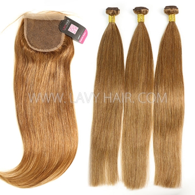 Color 6 Straight Hair Human Virgin Hair 2/3 Bundles With Lace Closure 4*4