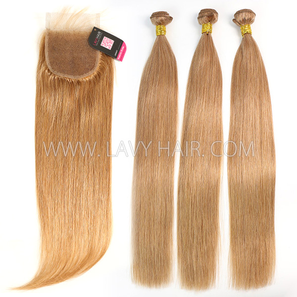 Color 10 Straight Hair Human Virgin Hair 2/3 Bundles With Lace Closure 4*4