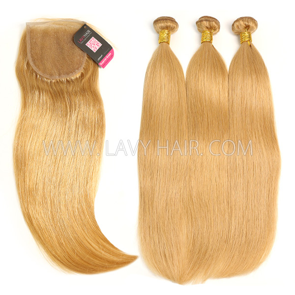 Color 27 Straight Hair Human Virgin Hair 2/3 Bundles With Lace Closure 4*4