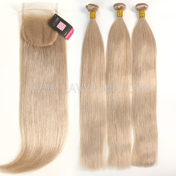 Color 18 Straight Hair Human Virgin Hair 2/3 Bundles With Lace Closure 4*4