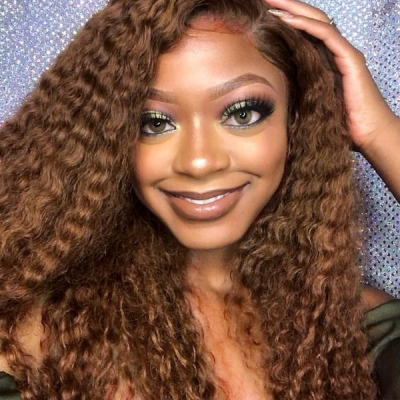 4# Chocolate Brown 130% Density Full Lace Wigs Deep Curly Human Hair