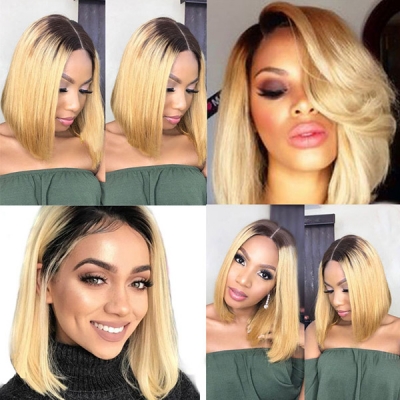 #1B/613 Color Lace Frontal Bob Wig 150% Density Straight Hair Human Hair Wear Go