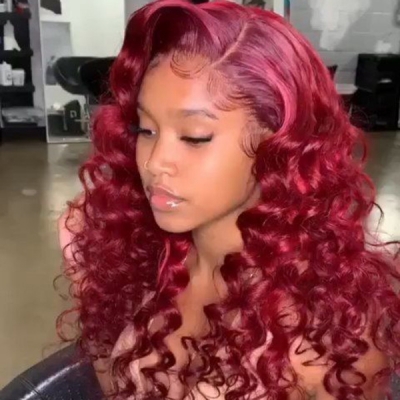 Glueless Wig Signal Red Color 150% Density Wavy Human Hair Wig 5-7 Days Customize 150lfw-29A16
