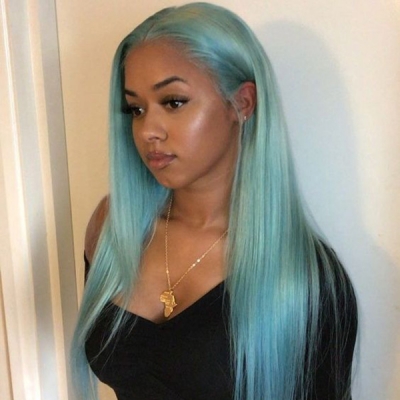 Glueless Wig Light Blue Color 150% Density Virgin Human Hair Wig 7 Days Customize 613lfw-41