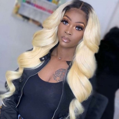 Glueless Wig 1B/613 Ombre Color 150% Density Human Hair HD lace Frontal Wig 3-4 Days Customize 613lfw-32
