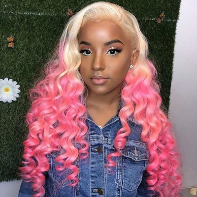 Glueless Wig Blonde/Pink Ombre Color 150% Density Human Hair HD Lace Wig 3-4 Days Customize 613lfw-39
