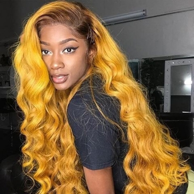 Traffic Yellow Ombre Color 150% Density Wear Go Glueless HD Lace Wig 7 Days Making 613lfw-46