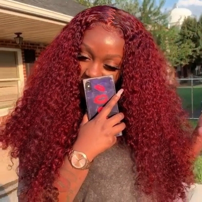 Zig Zag Hairline Orient Red Color Wave Hair 150% Density 13*4 Full Frontal Glueless Wig Wear Go 4-7 Days Customize 130lfw-74A2