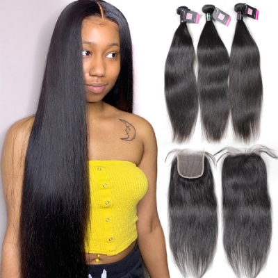 (New)Superior Grade 3 bundles with 2*6 4*4 5*5 6*6 7*7 lace closure Deal Straight Transparent /HD Lace Virgin Human hair Brazilian Peruvian Malaysian