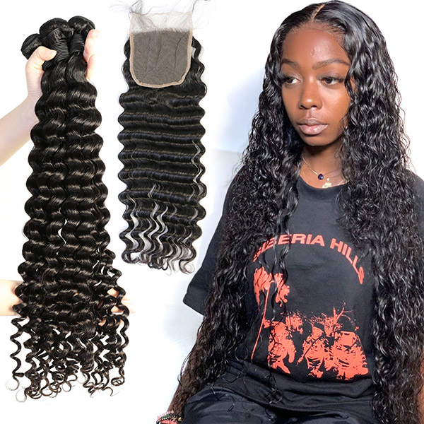 Superior Grade 3/4 bundles with 4*4 5*5 lace closure Deal Deep wave Transparent /HD Lace Virgin Human hair Brazilian Peruvian Malaysian Indian