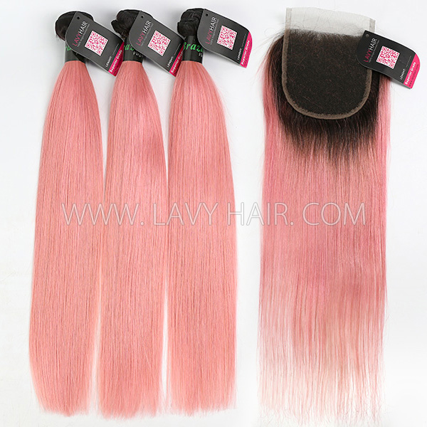 #1B/Pink Superior Grade 3 Bundles With Lace Closure Straight&Body Wave Brazilian Peruvian Malaysian Indian European Cambodian Burmese Mongolian