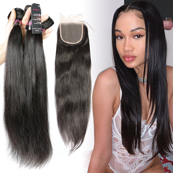 Superior Grade 3/4 bundles with 4*4 lace closure Straight Virgin Human hair Brazilian Peruvian Malaysian Indian European Cambodian Burmese Mongolian