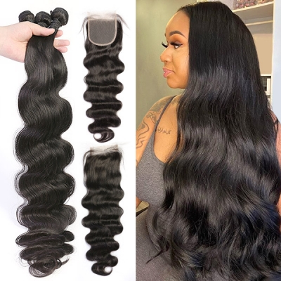 Superior Grade 3/4 bundles with 4*4 lace closure Body wave Virgin Human hair Brazilian Peruvian Malaysian Indian European Cambodian Burmese Mongolian