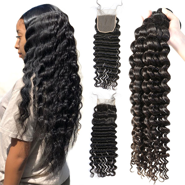 Superior Grade 3/4 bundles with 4*4 lace closure Deep wave Virgin Human hair Brazilian Peruvian Malaysian Indian European Cambodian Burmese Mongolian