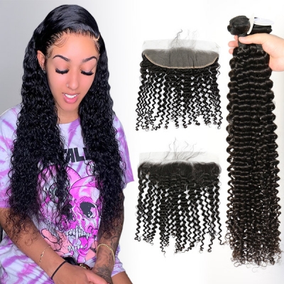 Superior Grade 3 bundles with 13*4 13*6 lace frontal Deal HD Lace and Transparent Lace Deep Curly Virgin Human Hair Brazilian Peruvian Malaysian