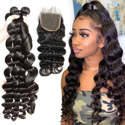 Superior Grade 3 bundles with 4*4 5*5 lace closure Deal loose wave Transparent /HD Lace Virgin Human hair Brazilian Peruvian Malaysian Indian