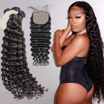 Superior Grade 3 bundles with silk base closure 4*4" Deep wave Virgin hair Brazilian Peruvian Malaysian Indian European Cambodian Burmese Mongolian