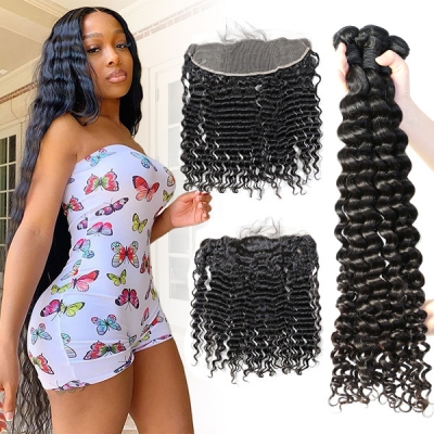 Superior Grade 3 bundles with 13*4 13*6 lace frontal Deal HD Lace and Transparent Lace Deep Wave Virgin Hair Brazilian Malaysian Cambodian Burmese