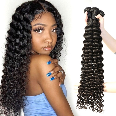 Superior Grade 1 Bundle Deep Wave Virgin Human Hair Extensions #1b color Brazilian Peruvian Malaysian Indian European Cambodian Burmese Mongolian