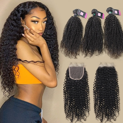 Superior Grade 3 bundles with 4*4 5*5 lace closure Deal Kinky Curly Hair Transparent /HD Lace Brazilian Peruvian Malaysian Indian