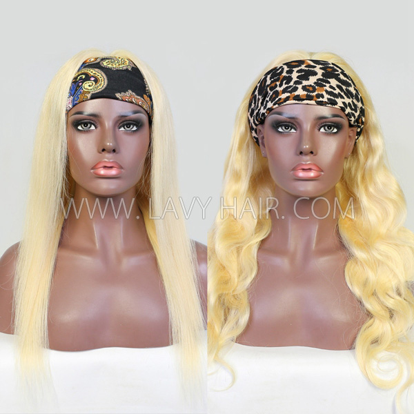 (All Texture Link) 613 Blonde Color Scarf Headband Wig Human Virgin Hair Not Glue Not Lace Wig With Adjustable Velcro