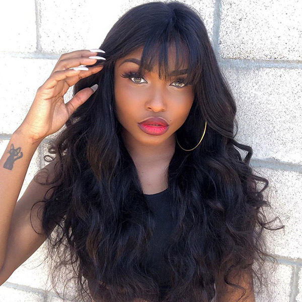 Lace Frontal Wigs With Bangs 130% Density Loose Wave Human Hair
