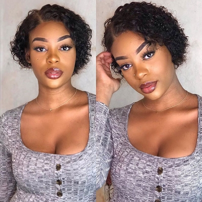 130% Density Lace Frontal Short Bob Wig Pixie Curly Preplucked Human Hair Pixie XX03